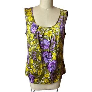 St. John Yellow Purple Floral Silk Sleeveless Blouse Women's Size L